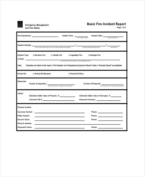 fire department incident report form
