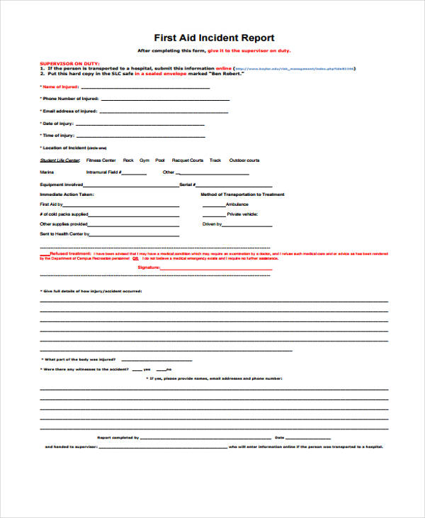 first aid injury incident report form