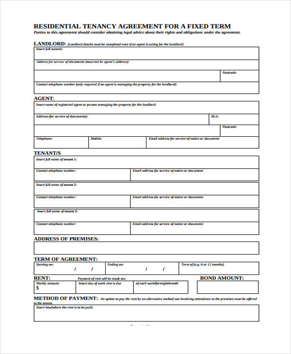 fixed term residential contract agreement form