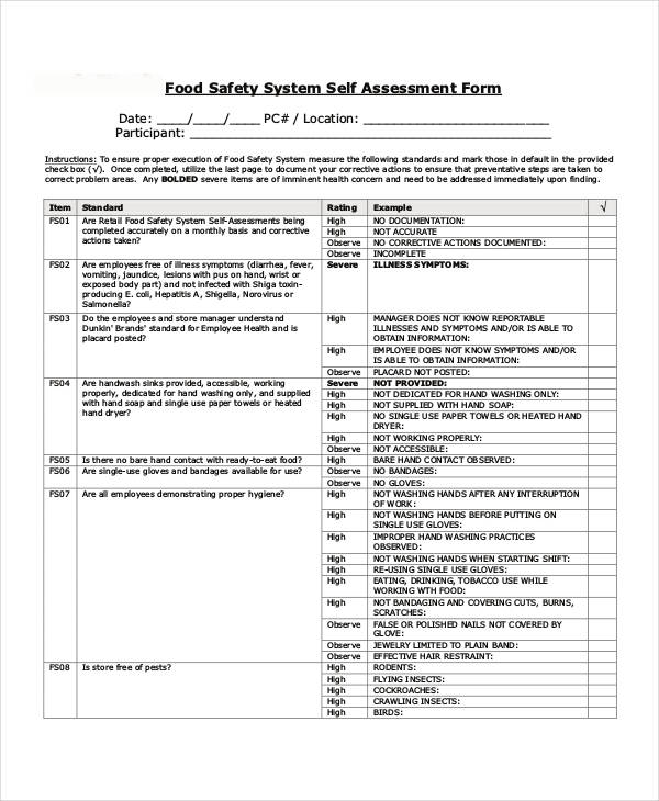 food safety self assessment form