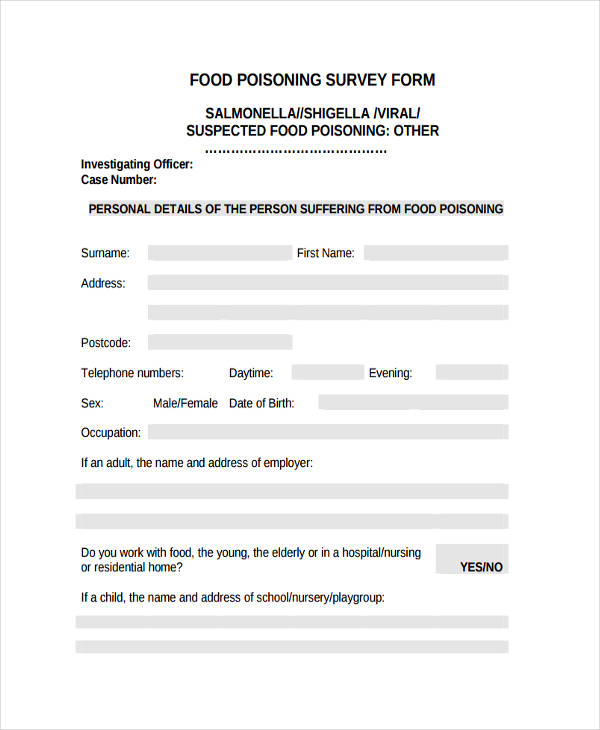 food survey poisoning form