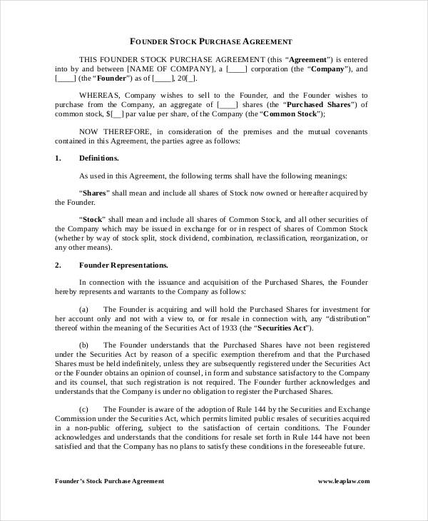 founder stock purchase agreement form