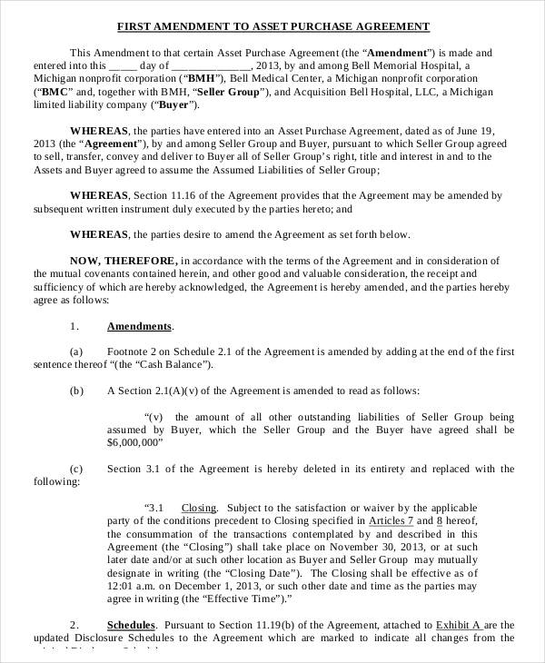 free amendment asset purchase agreement form