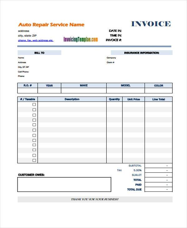 auto repair service invoice template hq printable documents