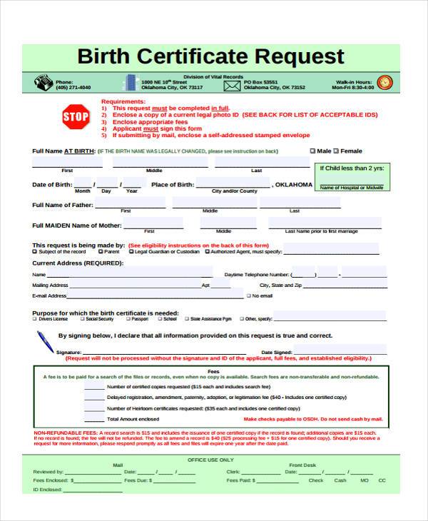 free birth certificate request form