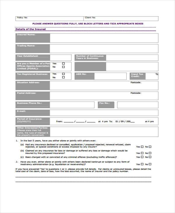 free business insurance proposal form