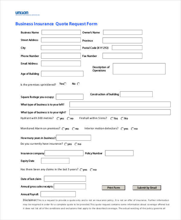 free business insurance request form