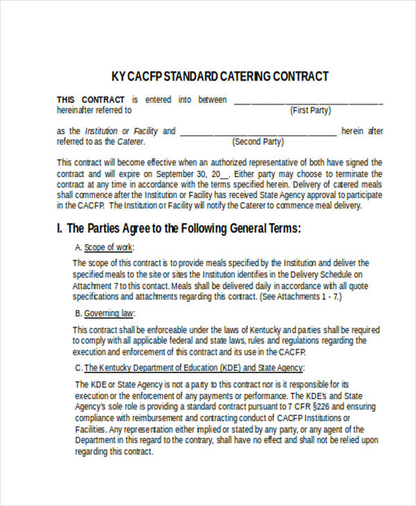 free catering contract form