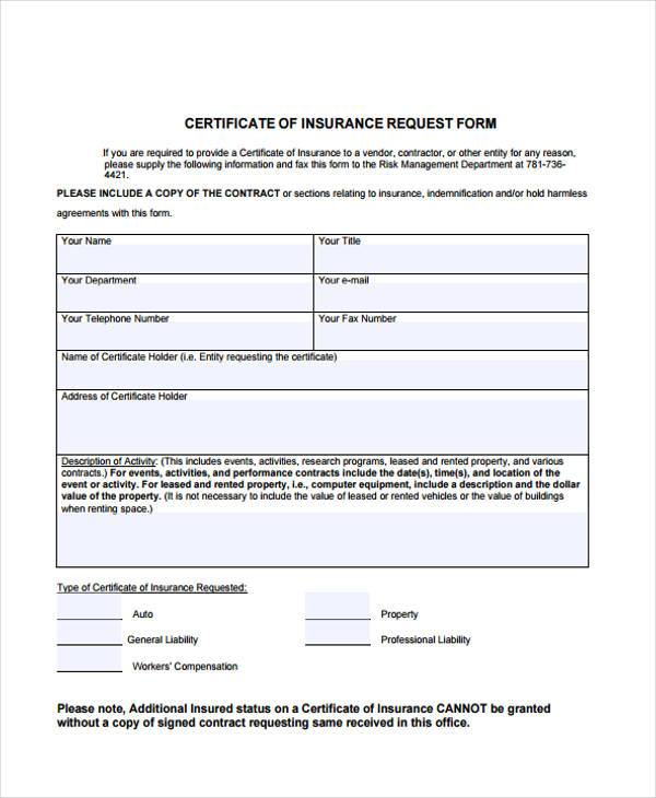 free certificate of insurance request form