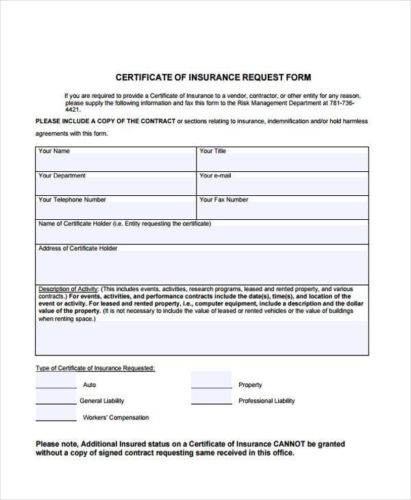 certificate insurance form request sample forms pdf