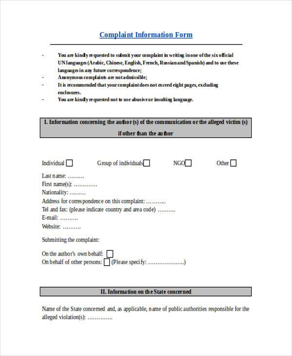 free complaint information form