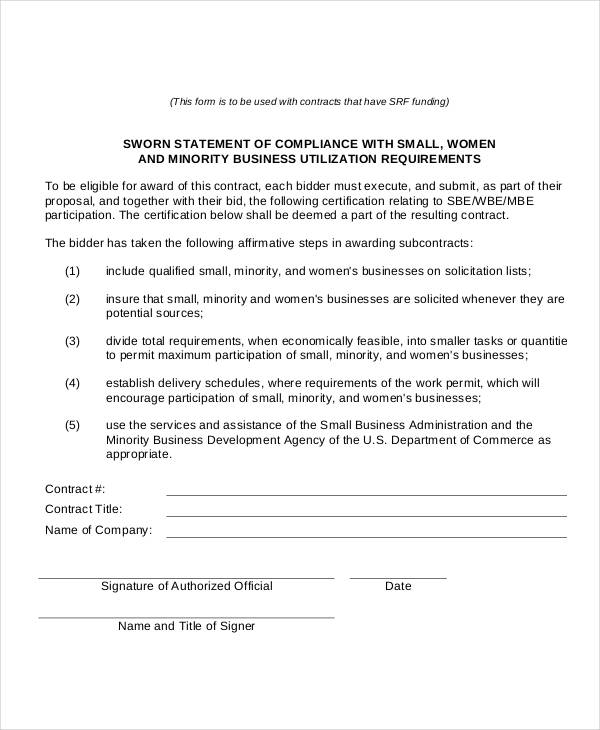 free compliance sworn statement form