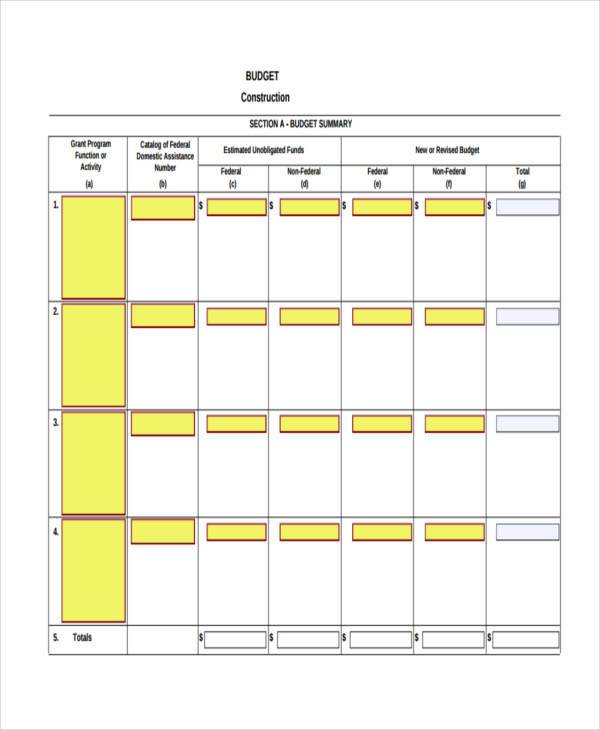 free construction budget form example