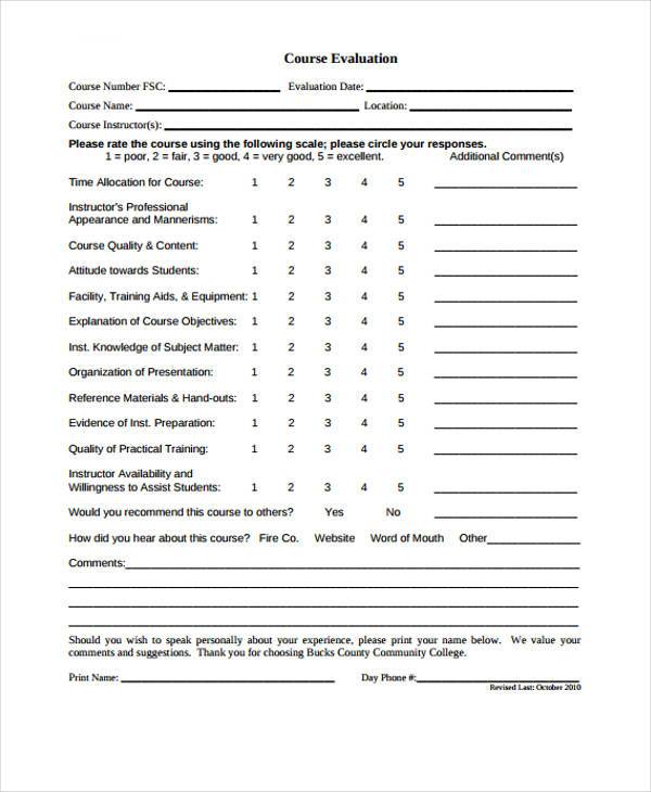 free course evaluation form