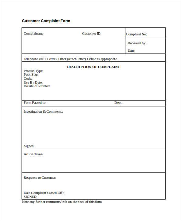 free customer complaint form