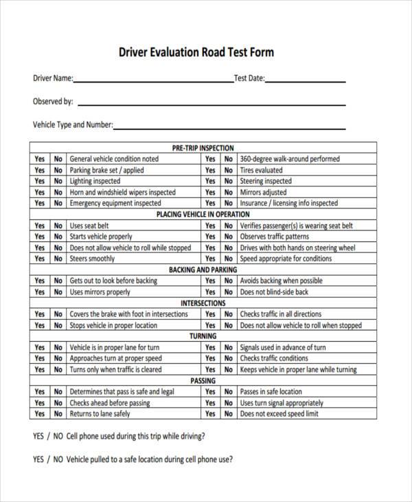 free driver evaluation road test form