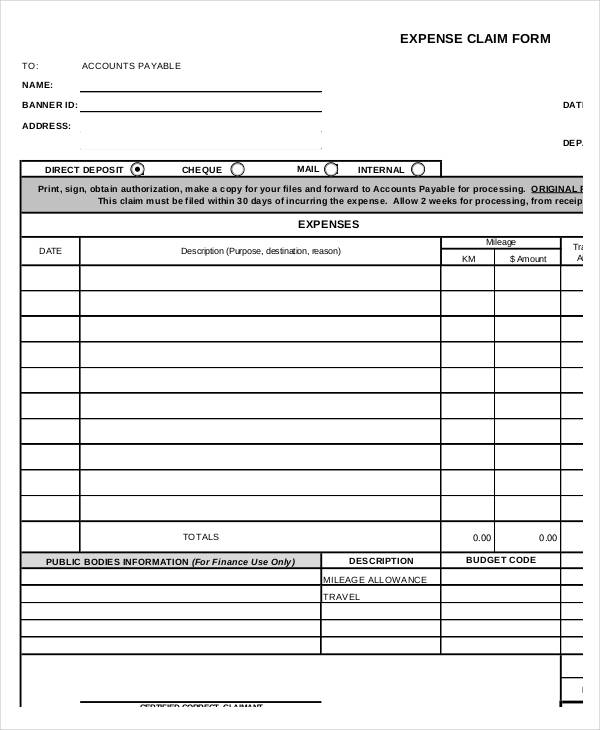 monthly expenses form reimbursement