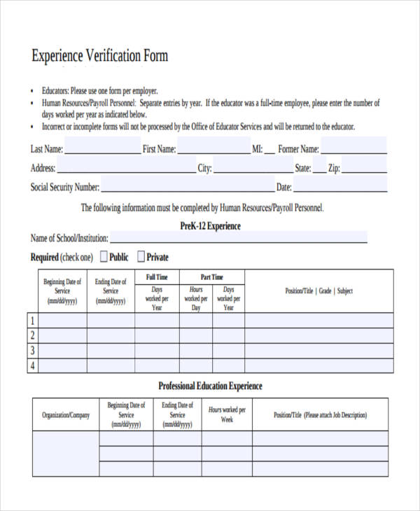 free experience verification form