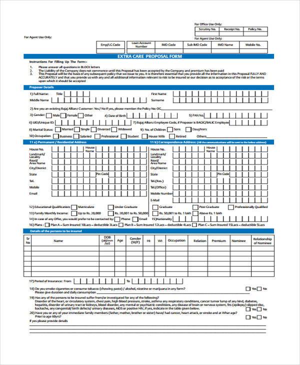 free extra care proposal form