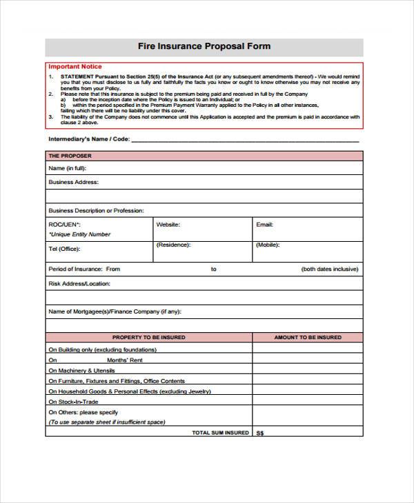 free fire insurance proposal form