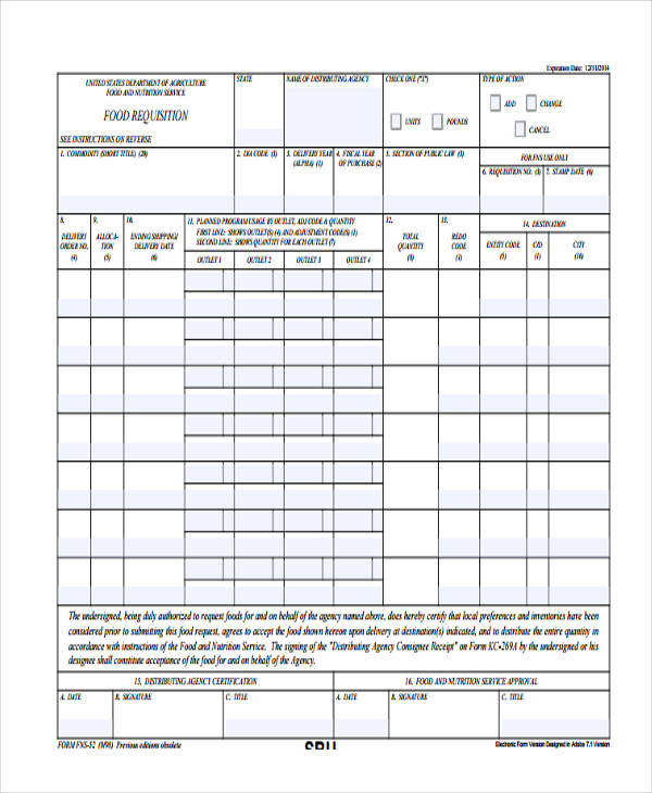 free food service requisition form