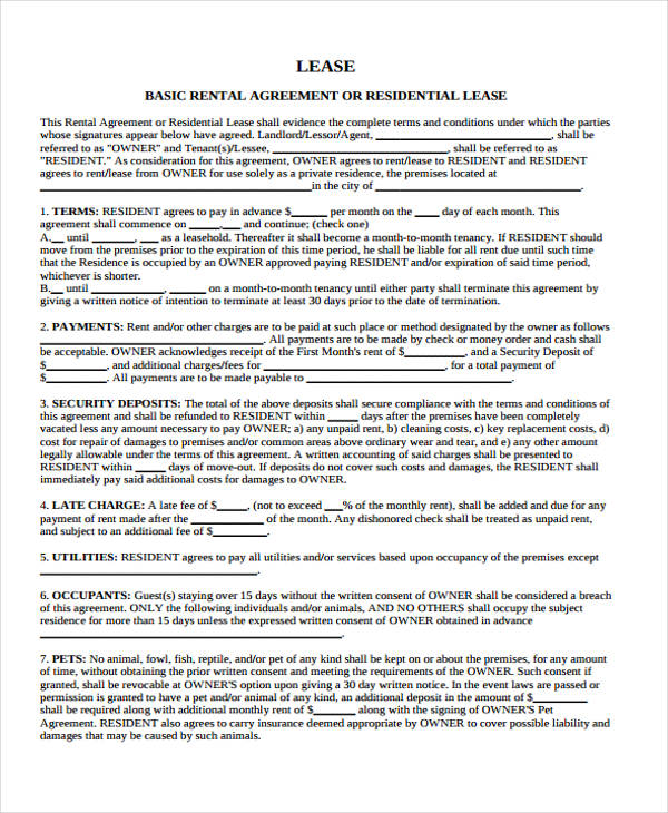 free home lease rental agreement form