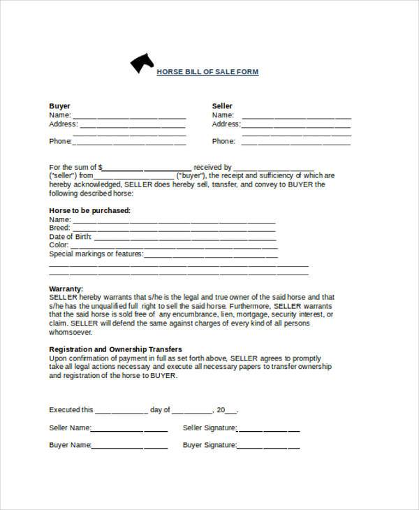 free horse bill of sale form