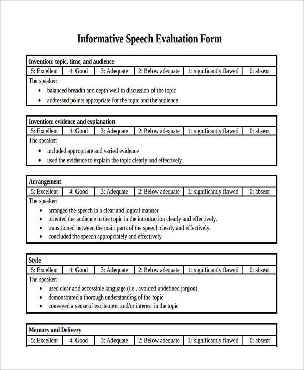 free informative speech evaluation form