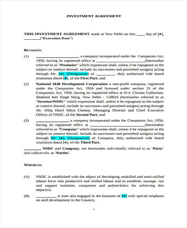 free investment agreement form sample