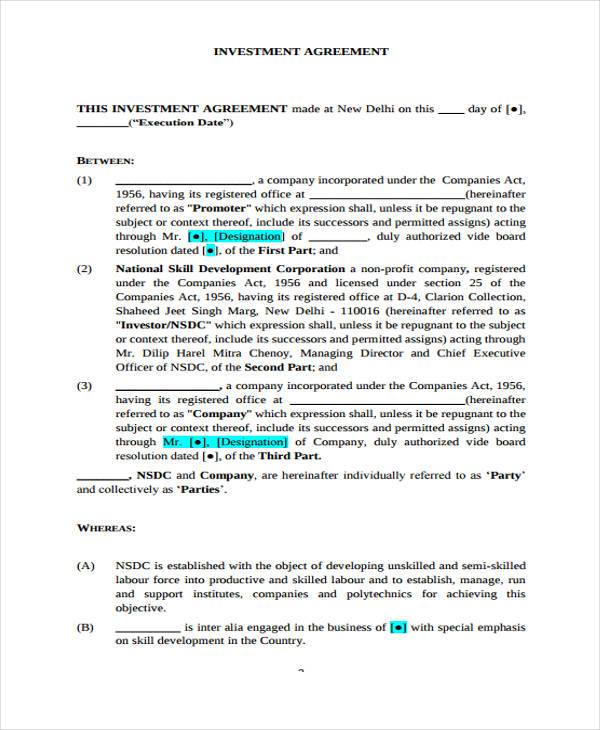 Investment Agreement Template Free PRINTABLE TEMPLATES