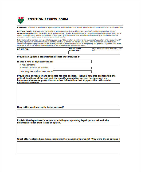 free position review form in excel