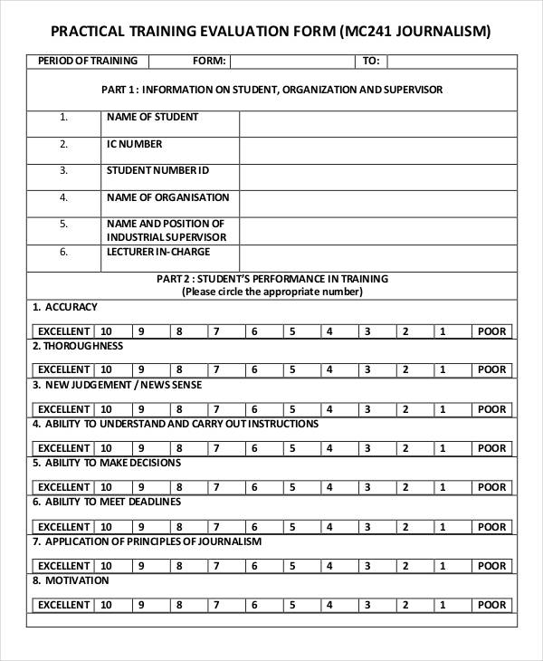 free practical training evaluation form