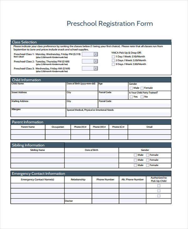 free preschool registration form