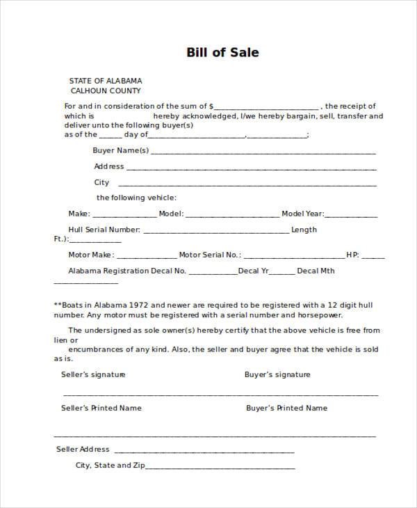 free printable bill of sale form example