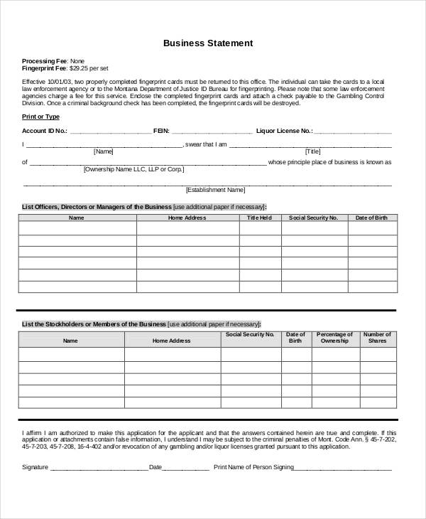 free printable business statement form