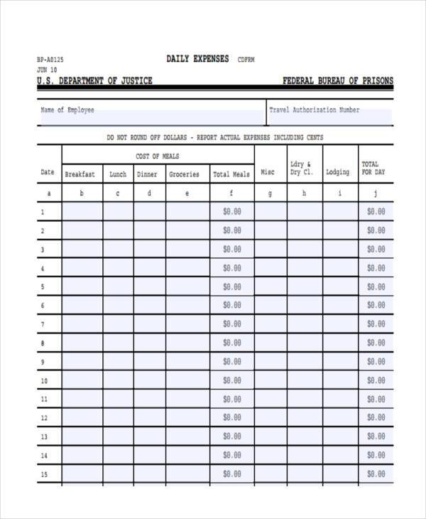 free printable daily expense form