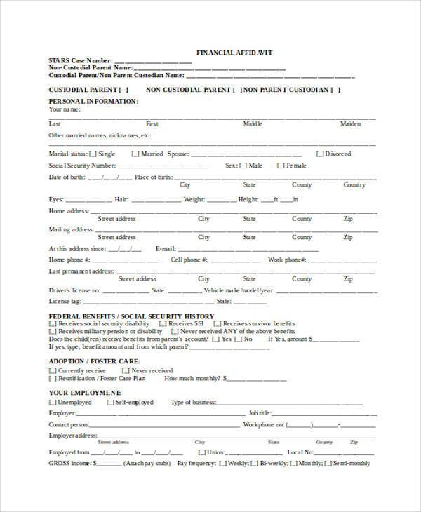 free printable financial affidavit form