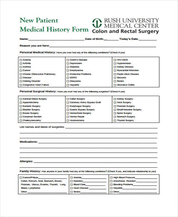 free printable medical history form