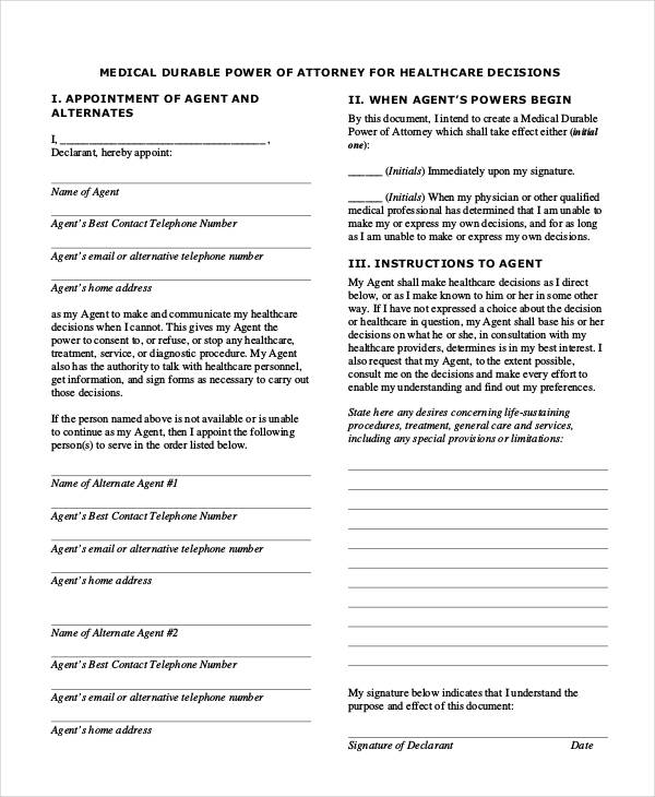 free printable medical power of attorney form