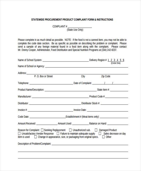 free product complaint form