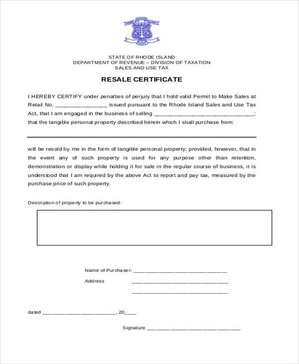 free resale certificate form