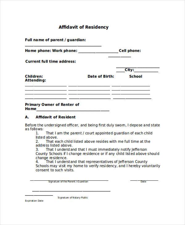 free residency affidavit form