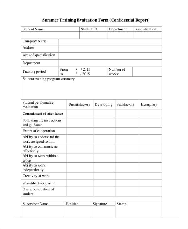 free summer training evaluation form