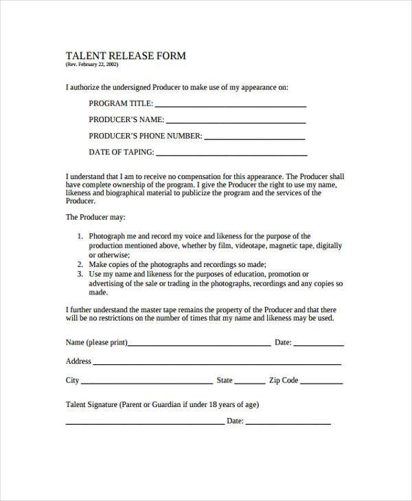 free talent release form template