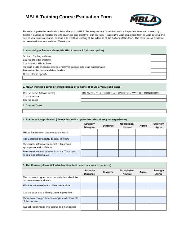 free training course evaluation form