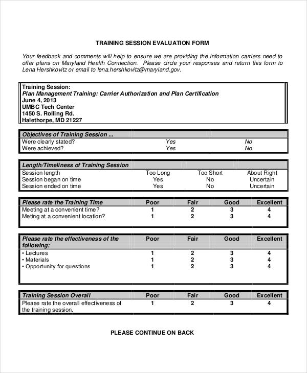 free training session evaluation form