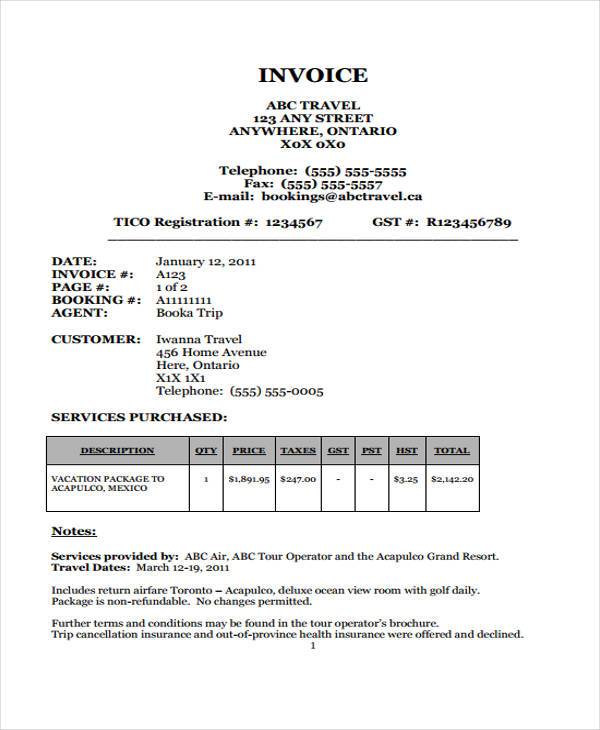 free travel invoice form