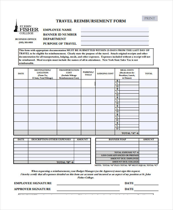 free travel reimbursement form