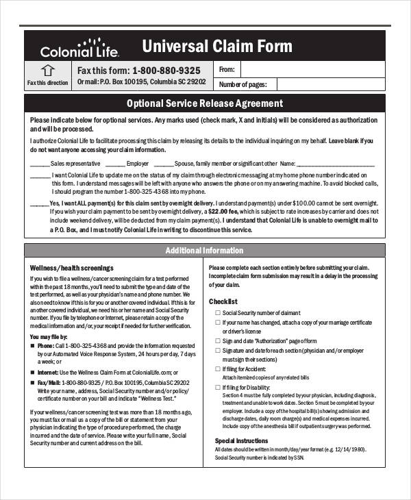 free universal claim form1