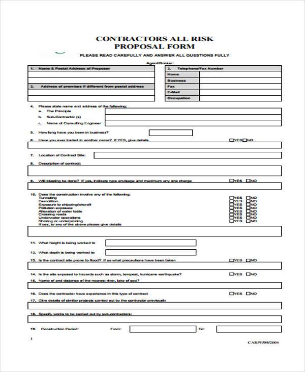 freecontractor risk insurance proposal form